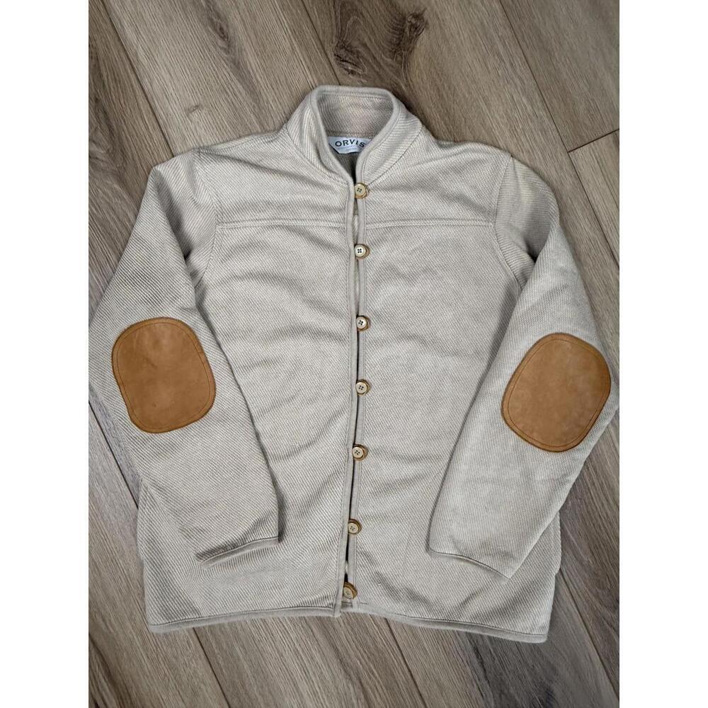 Orvis Sweater Mens Small Beige Button Front Mock Neck Elbow Patch Pockets